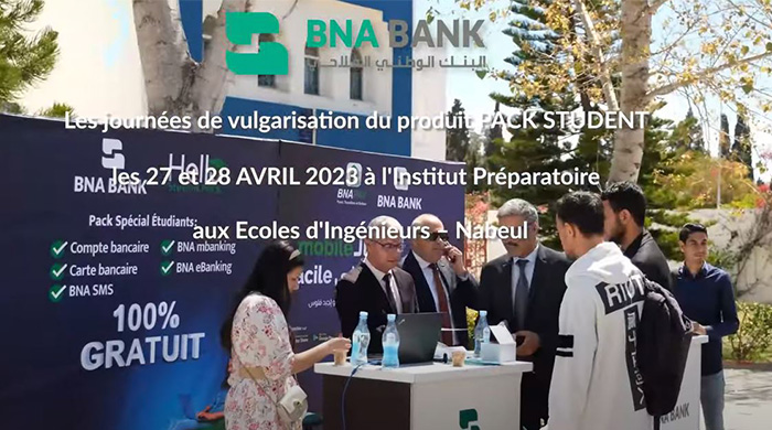 Retour en vidéo sur la participation de la BNA aux journées de vulgarisation du produit PACK STUDENT,les 27 et 28 AVRIL 2023 à l'Institut Préparatoire aux Ecoles d'Ingénieurs – Nabeul.